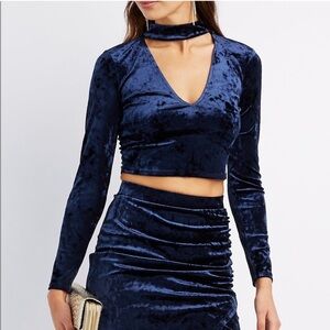 Blue Velvet Long-Sleeved and Midi Skirt Set
